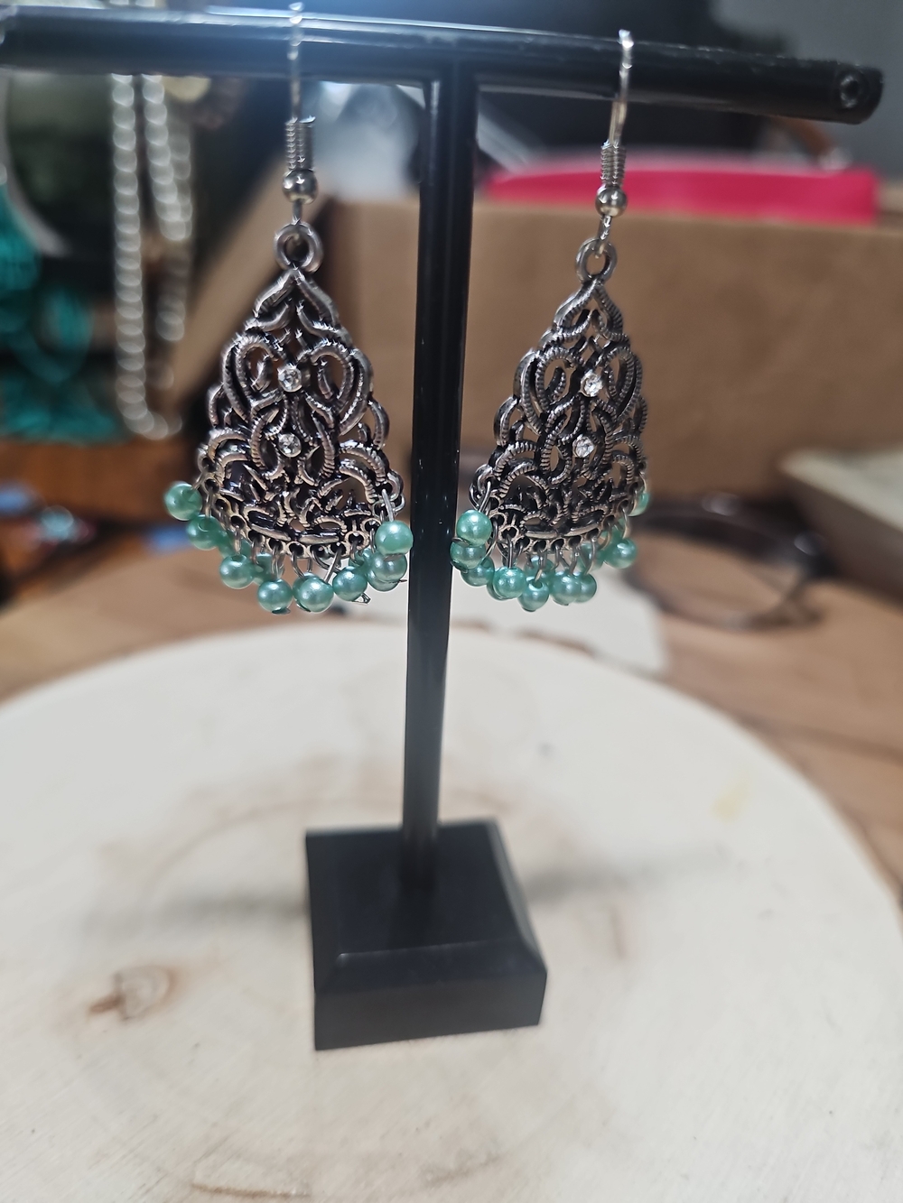 Handcrafted Silver-Tone Teardrop Earrings with Green Beads